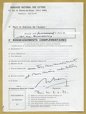 Seller image for Nol Ballif (1922-1993) - Fiche de renseignements signe for sale by PhP Autographs