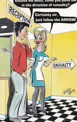 Hospital Nurse to Map Find Casualty Ward 1970s Bamforth 2x Comic Humour Postcard