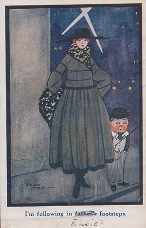 Seller image for I'm Following In Fathers Footsteps Giant Lady Tiny Man Old Comic Humour Postcard for sale by Postcard Finder