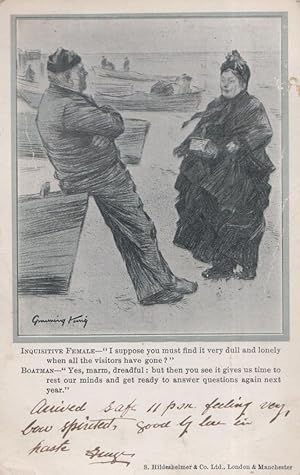 Lady Asking Ship Yard Merchant Boat Man Questions Antique Comic Humour Postcard