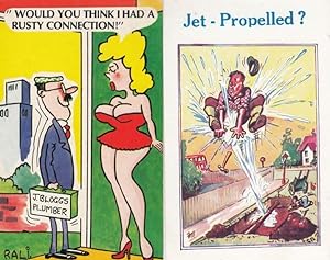 Jet Propelled Plumber & Rude Lady 2x Comic Postcard s
