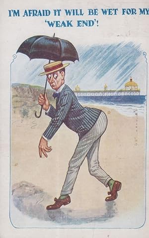 Rainy Weather Umbrella Man Weekend Private Parts Thunderstorm Old Comic Postcard