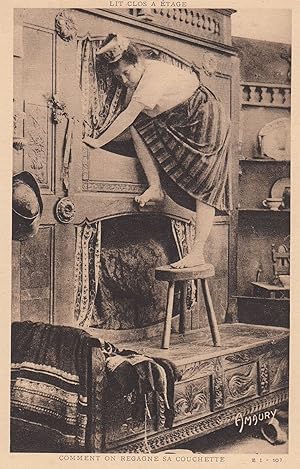 French Maid Climbing Up Cupboards Upskirt View Antique Postcard