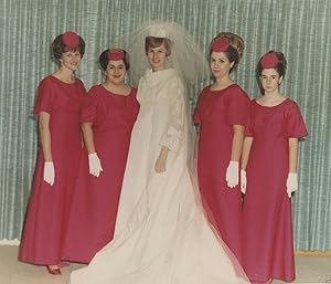 VINTAGE MID CENTURY MODERN WEDDING GOWN BRIDESMAIDS PINK COLOR KODAK 60s PHOTO
