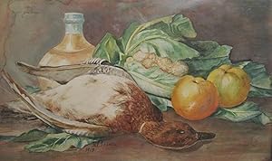 ANTIQUE '13 DUCK HUNTING FRUIT STILL LIFE WATERCOLOR AMERICAN FOLK ART PAINTING