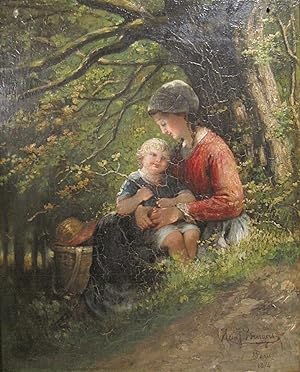 ANTIQUE 1874 FRENCH DUTCH IMPRESSIONIST OIL PAINTING HEIN J BURGERS MOTHER CHILD