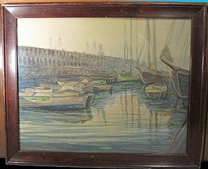 ANTIQUE AMERICAN IMPRESSIONIST BOSTON HARBOR SCHOONER SHIP PAINTING MA NY LISTED