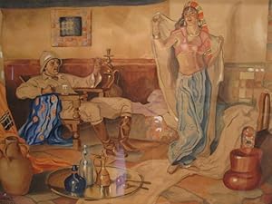 ANTIQUE ARABIAN NIGHTS MIDDLE EAST ARTS CRAFTS DECO HOOKAH LIQUOR PAINTING