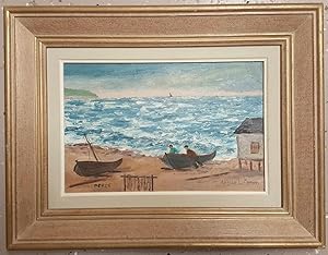 VINTAGE CANADIAN FOLK ART FRENCH QUEBEC GASPE PENINSULA FISHING BOATS PAINTING