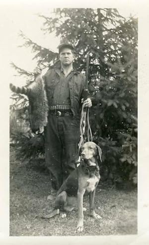 Seller image for ANTIQUE VINTAGE HUNTER DOG RIFLE KILL RACCOON BLOODHOUND MANS BEST FRIEND PHOTO for sale by 21 East Gallery