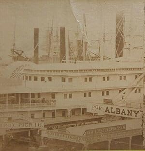 ANTIQUE STEAMSHIP TROY PIER ALBANY NY NYC HACKENSACK NJ SIGN STEREOVIEW PHOTO