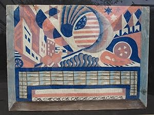 ANTIQUE AMERICAN CUBIST CITYSCAPE ARCHITECTURE FLAG AUTO CHICAGO DECO WPA ERA