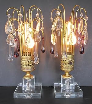 ANTIQUE PAIR TEARDROP GLASS TABLE LAMPS PURPLE JEWELS INTERIOR DECORATE FINE ART