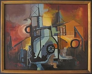 VINTAGE AMERICAN INDUSTRIAL ABSTRACT EXPRESSIONIST OIL PAINTING CHICAGO IL ORIGN
