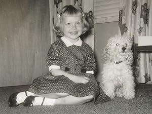VINTAGE TOY POODLE DOG CUTE LITTLE GIRL DEC 1960 LYNN & PIERRE MID MOD OLD PHOTO