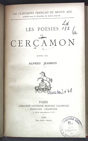 Imagen del vendedor de Les posies de Cercamon; Les classiques francais du moyen age; a la venta por books4less (Versandantiquariat Petra Gros GmbH & Co. KG)