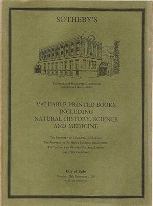 Sotheby catalogue. Valuable Printed Books including Natural History, Science and Medicine