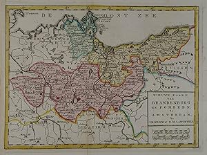 Bild des Verkufers fr Nieuwe Kaart van Brandenburg en Pommern. Altkolorierte Kupferstich-Karte aus J. B. Elwe "Volkomen Reis-Atlas van geheel Duitschland, vervat in zeer juiste kaarten. Opnieuw vervaardigt, naar de laatste verbeteringen van Bachine". Amsterdam, Elwe & Langeveld 1791, 17,5 x 24 cm zum Verkauf von Antiquariat Johannes Mller