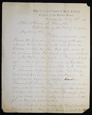 Seller image for Autograph signed letter from B. B. French, the Commissioner of Public Buildings, to Henry A. Smythe on his appointment as Collector of the Port of New York [where he later gave Herman Melville a job] for sale by Classic Books and Ephemera, IOBA