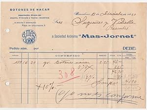 HOJA DE PEDIDO. BOTONES DE NÁCAR. EL MAS JORNET. BARCELONA, 1920 (Coleccionismo Papel/Documentos/...