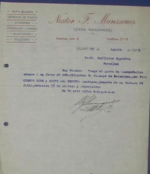 FACTURA NESTOR F. MANZANO (CASA MANZANOS). ROPA CAMISAS. PELETERIA. BILBAO, 1923. (Coleccionismo ...