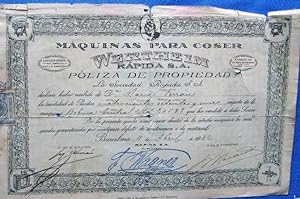 MÁQUINAS DE COSER WERTHEIM RÁPIDA S.A. PÓLIZA DE PROPIEDAD, BARCELONA, 1922. (Coleccionismo Papel...
