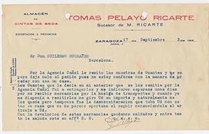 CARTA COMERCIAL. TOMÁS PELAYO RICARTE. CINTAS DE SEDA. ZARAGOZA, 1923 (Coleccionismo Papel/Docume...