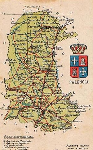 MAPA CON ESCUDO DE LA PROVINCIA DE PALENCIA. ALBERTO MARTIN EDITOR. BARCELONA. (Postales/España A...