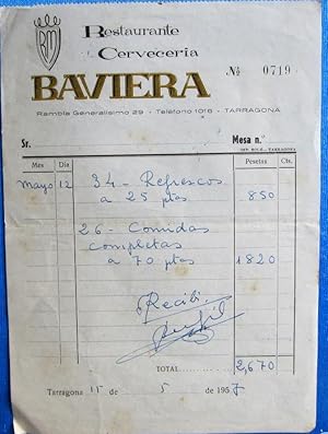 FACTURA DEL RESTAURANTE CERVECERÍA BAVIERA, TARRAGONA, 1957. (Coleccionismo Papel/Documentos/Fact...