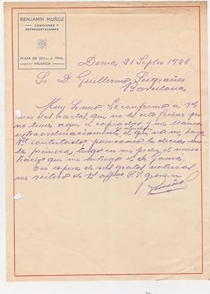 CARTA COMERCIAL. BENJAMÍN MUÑOZ. COMISIONES Y REPRESENTACIONES. VALENCIA, 1923 (Coleccionismo Pap...