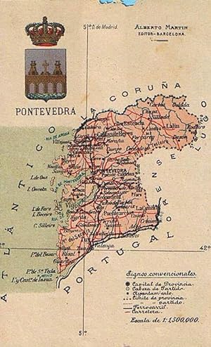 MAPA CON ESCUDO DE LA PROVINCIA DE PONTEVEDRA. ALBERTO MARTIN EDITOR. BARCELONA. (Postales/España...