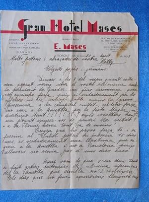 CARTA PERSONAL ESCRITA CON PAPEL DEL HOTEL. GRAN HOTEL MASES. BOSOST (VAL D'ARAN). 1933 (Coleccio...