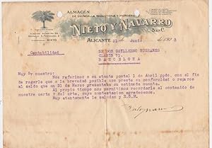 CARTA COMERCIAL. NIETO Y NAVARRO. QUINCALLA, PAQUETERÍA Y MERCERÍA. ALICANTE, 1923 (Coleccionismo...