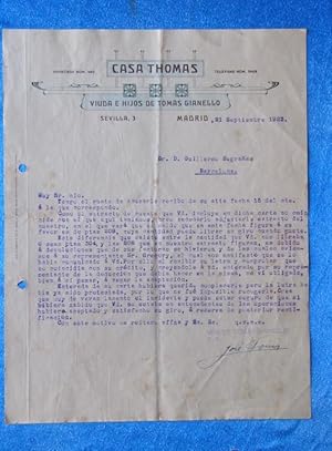 CARTA COMERCIAL. CASA THOMAS. VIUDA E HIJOS DE TOMÁS GIANELLO. MADRID, 1923 (Coleccionismo Papel/...