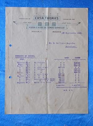 EXTRACTO DE CUENTA. CASA THOMAS. VIUDA E HIJOS DE TOMÁS GIANELLO. MADRID, 1923 (Coleccionismo Pap...