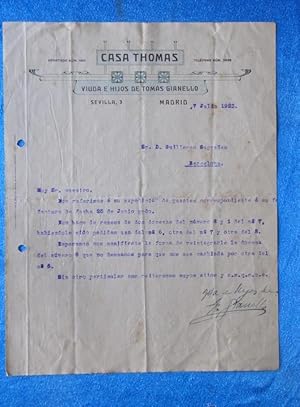 CARTA COMERCIAL. CASA THOMAS. VIUDA E HIJOS DE TOMÁS GIANELLO. MADRID, 1923 (Coleccionismo Papel/...