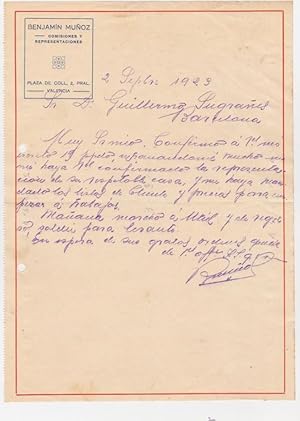 CARTA COMERCIAL. BENJAMÍN MUÑOZ. COMISIONES Y REPRESENTACIONES. VALENCIA, 1923 (Coleccionismo Pap...