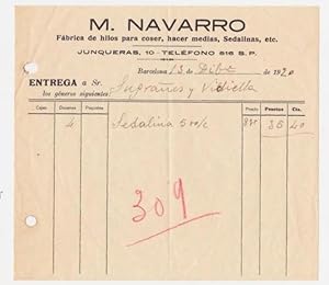 HOJA DE ENTREGA. M. NAVARRO. FÁBRICA DE HILOS PARA COSER, HACER MEDIAS, SEDALINAS. BARCELONA, 192...