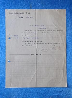 CARTA COMERCIAL. MIGUEL PENADÉS PÉREZ. ALCOY, 1923 (Coleccionismo Papel/Documentos/Cartas Comerci...