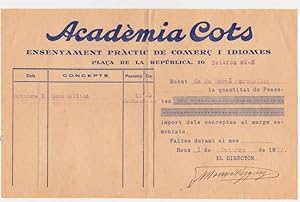 RECIBO. ACADÈMIA COTS. ENSENYAMENT PRÀCTIC DE COMERÇ I IDIOMES . REUS, 1911 (Coleccionismo Papel/...