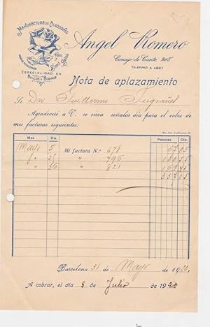 NOTA DE APLAZAMIENTO. ÁNGEL ROMERO. MANUFACTURA DE ALGODONES, SÍMIL SEDA E HILOS. BARCELONA, 1920...