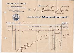 HOJA DE PEDIDO. BOTONES DE NÁCAR. EL MAS JORNET. BARCELONA, 1920 (Coleccionismo Papel/Documentos/...