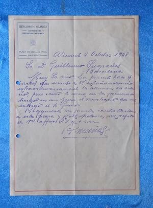 CARTA COMERCIAL. BENJAMÍN MUÑOZ. COMISIONES Y REPRESENTACIONES. VALENCIA, 1923 (Coleccionismo Pap...