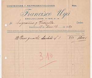 NOTA DE ENTREGA. FRANCISCO UYÁ. COMISIONES Y REPRESENTACIONES. BARCELONA, 1920 (Coleccionismo Pap...