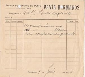 NOTA DE ENTREGA. PAVÍA HERMANOS. FÁBRICA DE GÉNEROS DE PUNTO. BARCELONA, 1923 (Coleccionismo Pape...