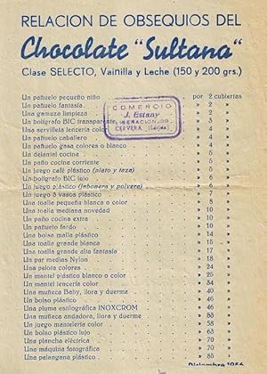 HOJA CON RELACIÓN DE OBSEQUIOS DEL CHOCOLATE SULTANA. CHOCOLATES SULTANA, 1956. (Coleccionismo Pa...