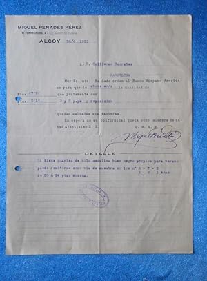 CARTA COMERCIAL. MIGUEL PENADÉS PÉREZ. ALCOY, 1923 (Coleccionismo Papel/Documentos/Cartas Comerci...