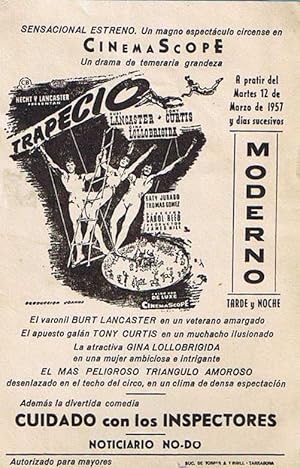 TRAPECIO. BURT LANCASTER, TONY CURTIS, GINA LOLLOBRIGIDA. DIR. CAROL REED. MODERNO, TARRAGONA. (C...