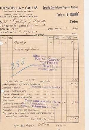 FACTURA. TORROELLA Y CALLÍS. COMISIONISTAS Y AGENTES DE ADUANAS. BARCELONA, 1920 (Coleccionismo P...