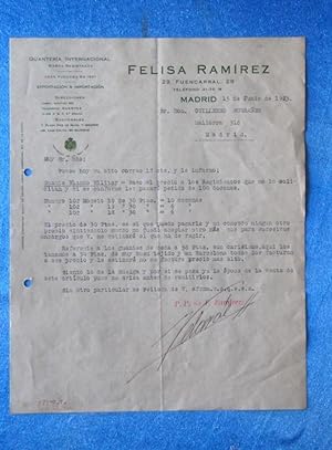 CARTA COMERCIAL. FELISA RAMÍREZ. GUANTERÍA INTERNACIONAL. MADRID, 1923 (Coleccionismo Papel/Docum...